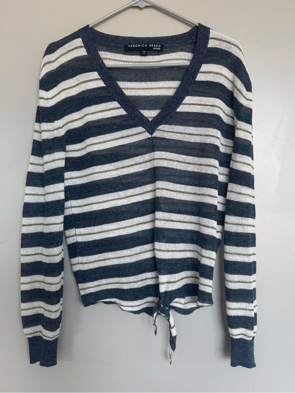 Veronica Beard Jeans Arthur Blue Linen Blend V-Neck Sweater with Tie Hem XS